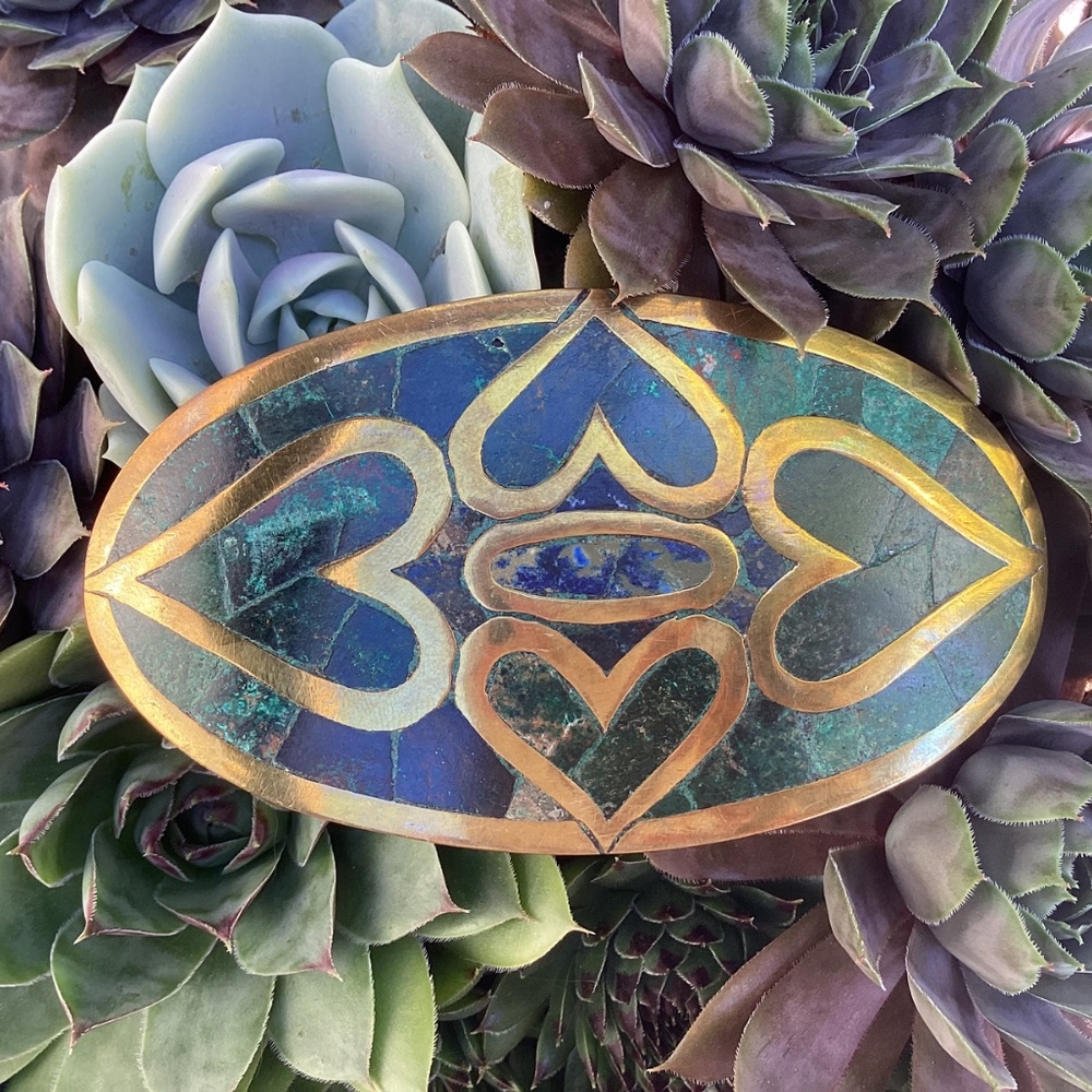 Beautiful Brass Jasper/Turquoise Heart Inlay Design Belt/Scarf Buckle Slide - Picture 9 of 10